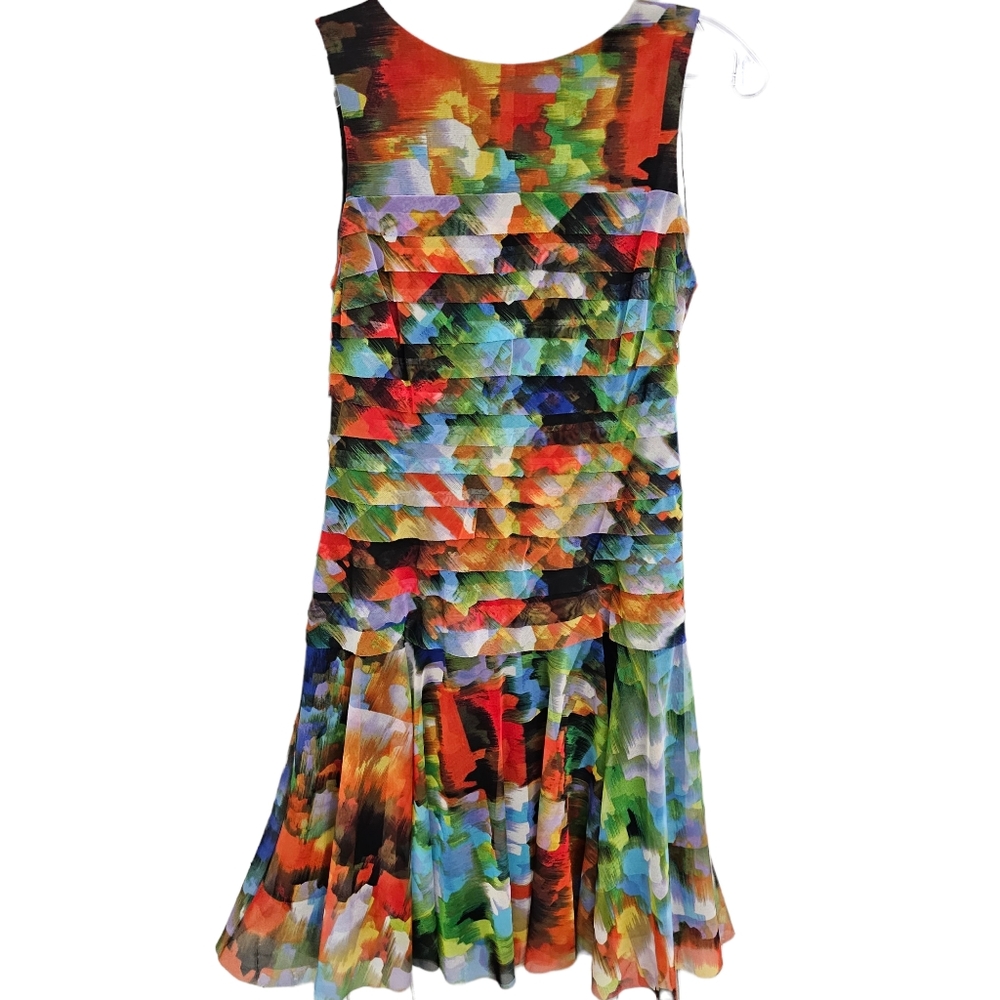 London Times Jeweltones Abstract Paint Splash Tiered Sleeveless Mesh Dress
